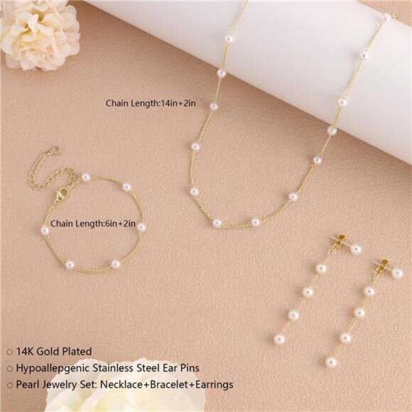 Gold Jewelry Set ,Dainty 14K Gold/Silver Plated Pearl Necklace and Earring Set - Picture 3 of 5